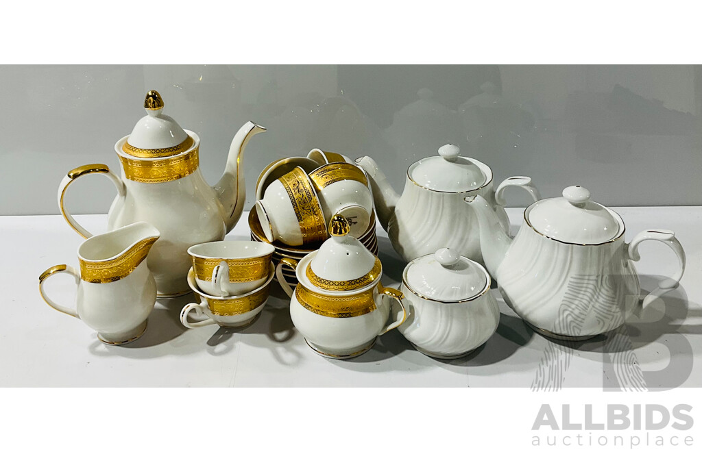Collection of Two Teapots and a Sugar Bowl, Alongside Decorative Gold Rimmed Teapot with Creamer, Sugar Pot and Six Matching Cups and Saucers
