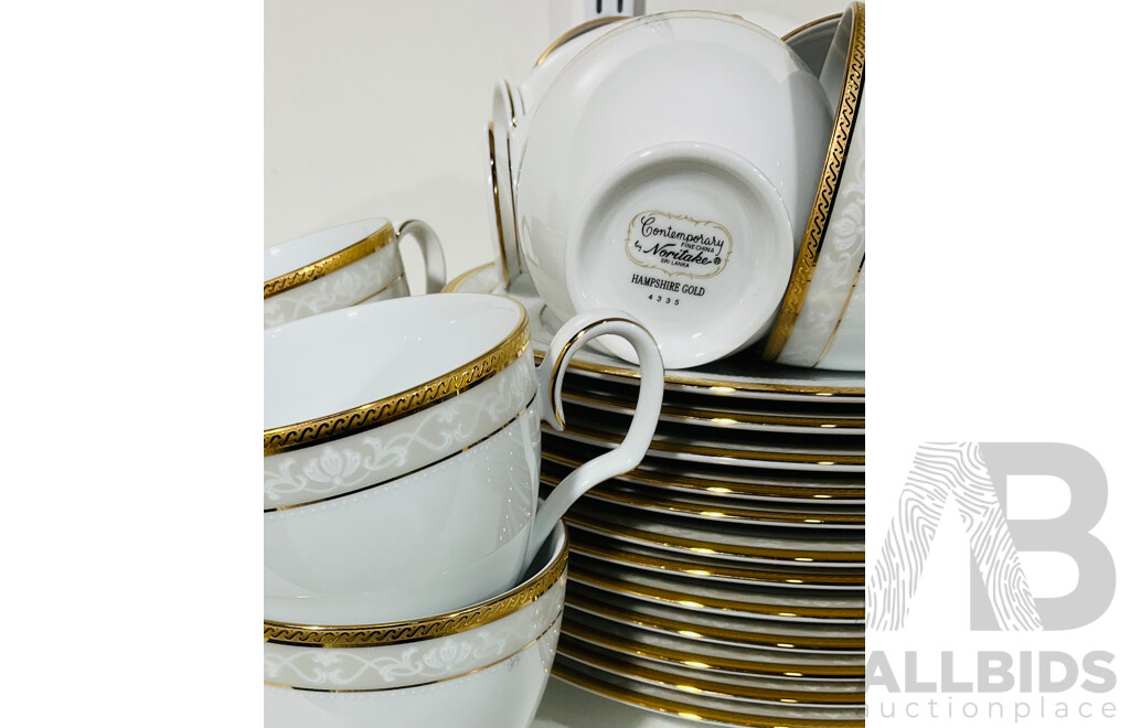 Complete Set of Noritake Hampshirite Gold Dinner Set Including Twelve Pieces Each Including Dinner Plates, Soup, Cups and Saucers
