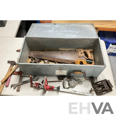 Collection of Vintage Hand and Workshop Tools Including M3 Drill Press Vice, Irwin Adjustable Forstner Bit, Wiltshire Files, Stigo and Disston Hand Saws and More