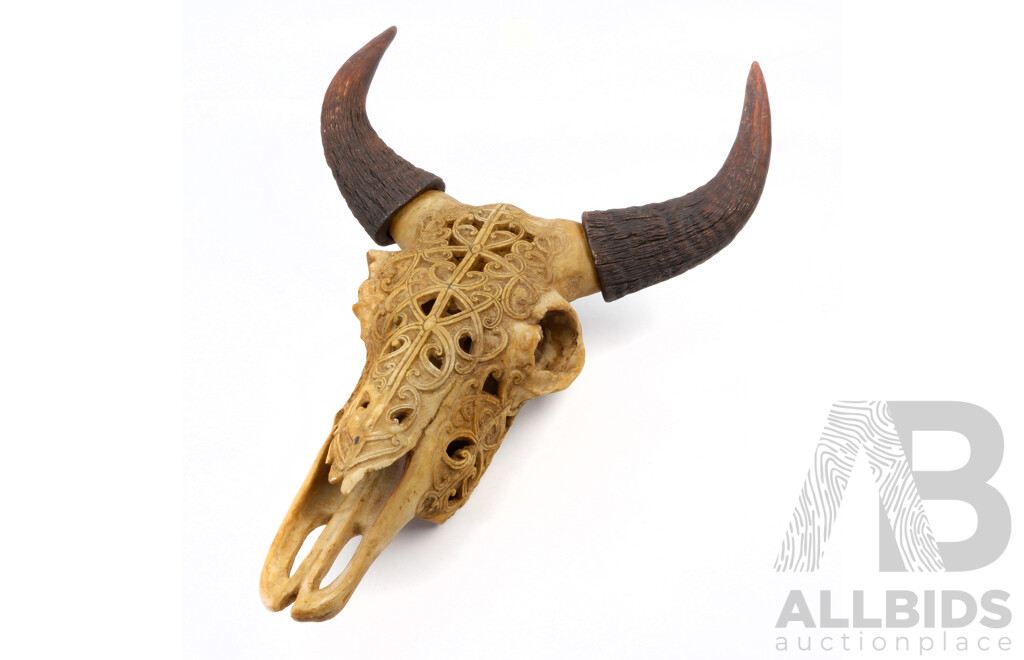 Intricately Hand-Carved Resin Buffalo Skull