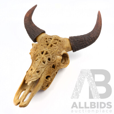 Intricately Hand-Carved Resin Buffalo Skull