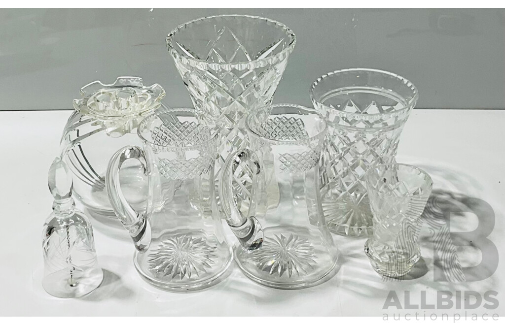 Quantity of Crystal Including Four Vases, Two Matching Jugs and a Bell