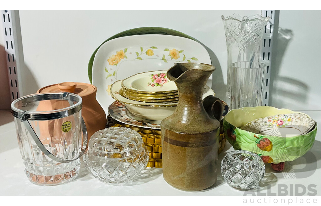 Quantity of Vintage and Retro Decorative and Other Homewares Including Glazed Pottery Jug, Set of Four Bamboo Placemats, French Crystal Ice Bucket and More