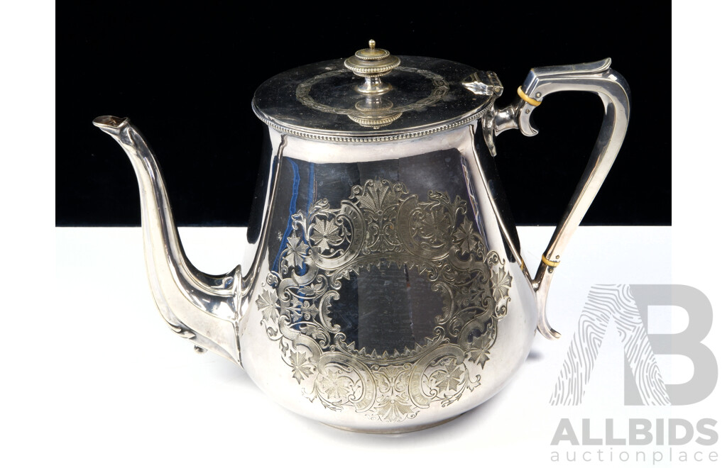 Vintage Large Silver Plate Teapot with Engraved Detail & Black Cartouche by Lee & Wigfull, Sheffield