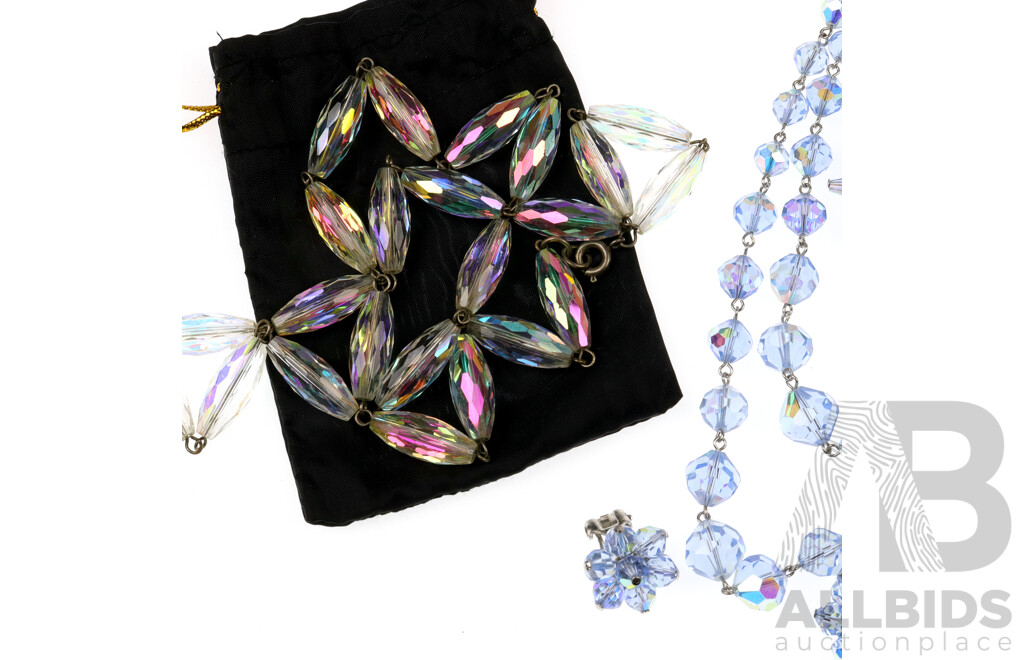 Aurora Borealis Crystal Double Strand Necklace, Earrings and Brooch Set with Elongated Crystal Bead Necklace
