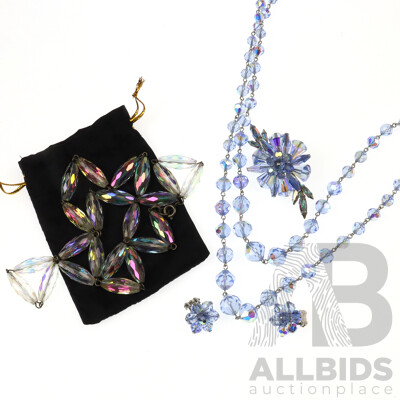 Aurora Borealis Crystal Double Strand Necklace, Earrings and Brooch Set with Elongated Crystal Bead Necklace