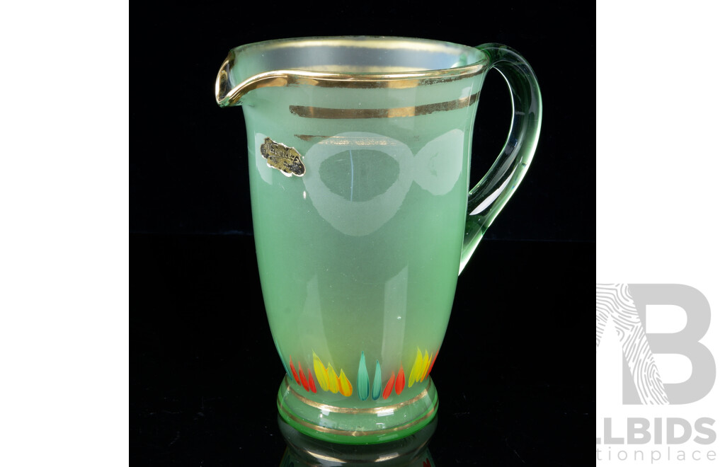 Vintage Art Deco Uranium Glass Water Jug with Hand Painted Detail
