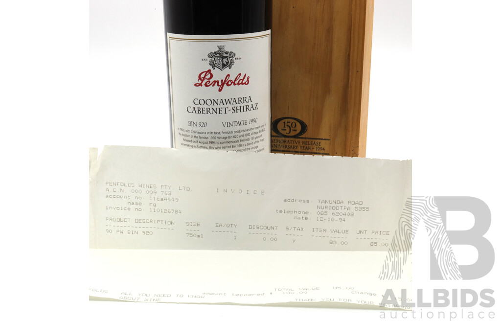 Penfolds Bin 920 Coonawarra Shiraz Vintage 1990