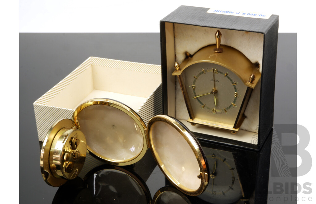 Vintage Europa Seven Jewels Travel Alarm Clock and Boxed Brass Mauthe Alarm Clock