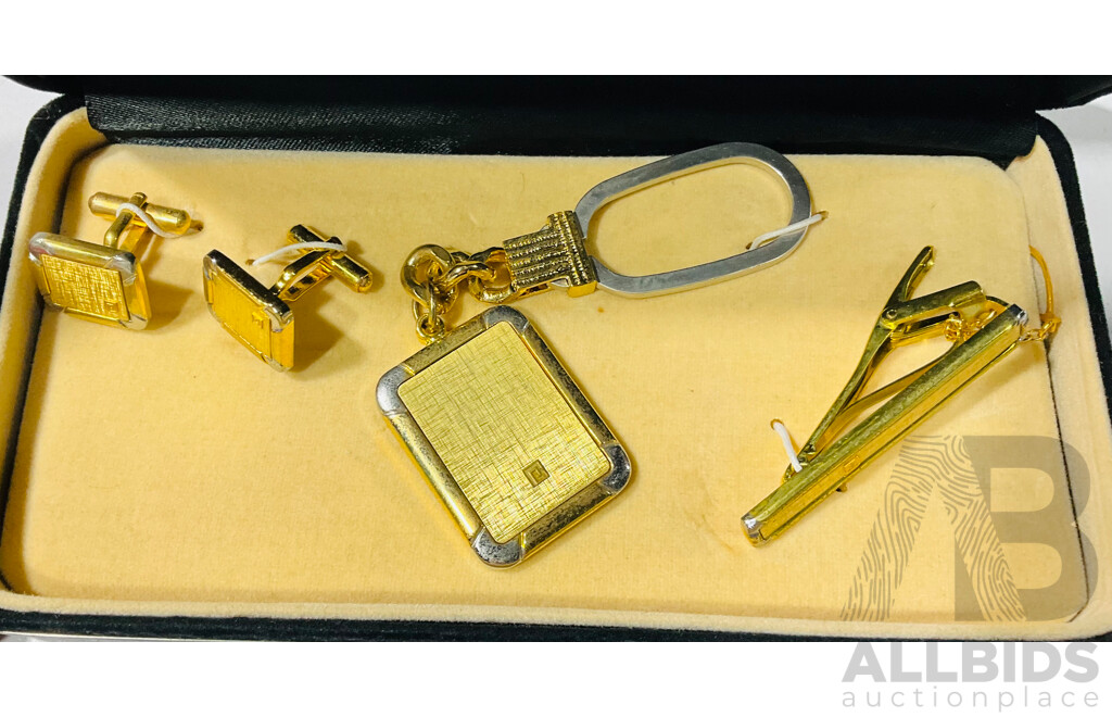 Boxed Silver and Gold Tone Cufflinks, Money Clip and Keyring, Gold Tone Lepel Pin and Quartz Wrist Watch
