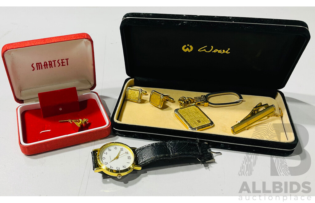 Boxed Silver and Gold Tone Cufflinks, Money Clip and Keyring, Gold Tone Lepel Pin and Quartz Wrist Watch