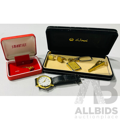 Boxed Silver and Gold Tone Cufflinks, Money Clip and Keyring, Gold Tone Lepel Pin and Quartz Wrist Watch