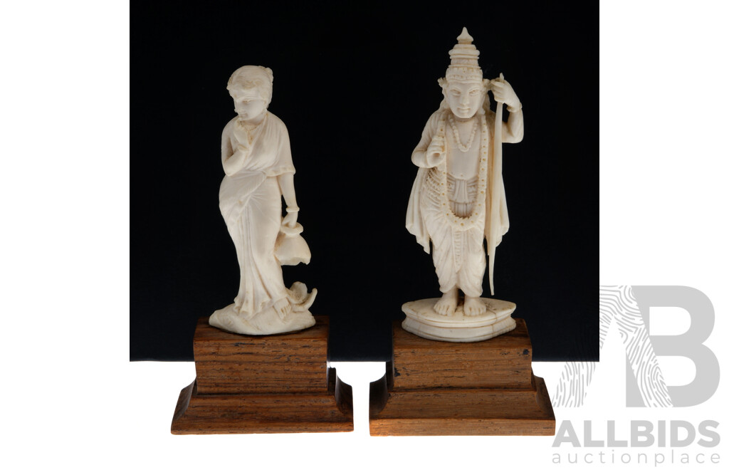 Two Vintage Sub Continental Hand Carved Ivory Figures, Two Examples on Wooden Stands