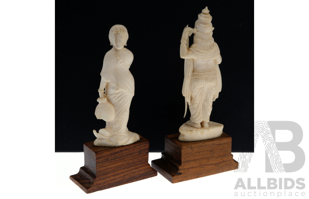 Two Vintage Sub Continental Hand Carved Ivory Figures, Two Examples on Wooden Stands