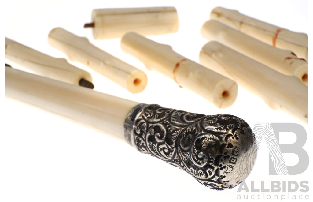 Vintage Hand Carved Ivory Walking Cane Sections with Sterling Silver Top, Birmingham