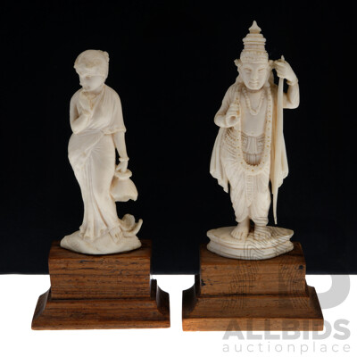 Two Vintage Sub Continental Hand Carved Ivory Figures, Two Examples on Wooden Stands