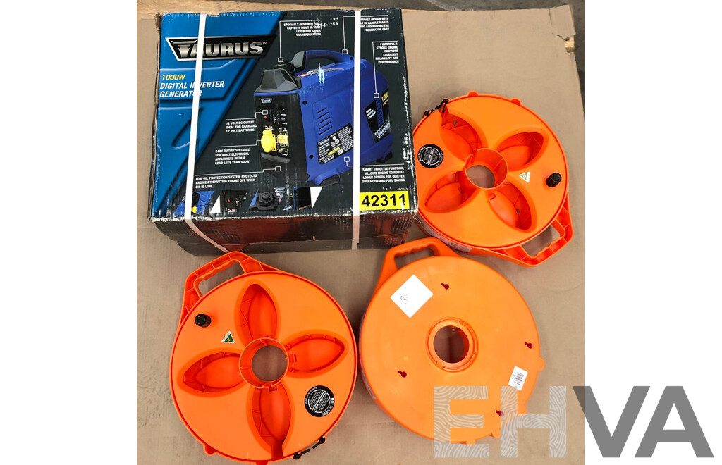 Taurus 1000 Watt Digital Inverter Generator and Three Multi Reel  Cable Reels - New