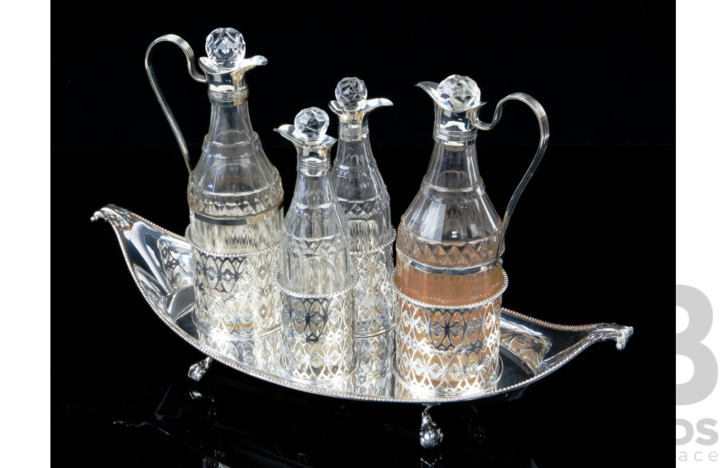Antique English Old Sheffield Plate Silver Plate Boat Form Cruet Set with Original Crystal Bottles, Stoppers and Sterling Silver Mounts, Circa 1800