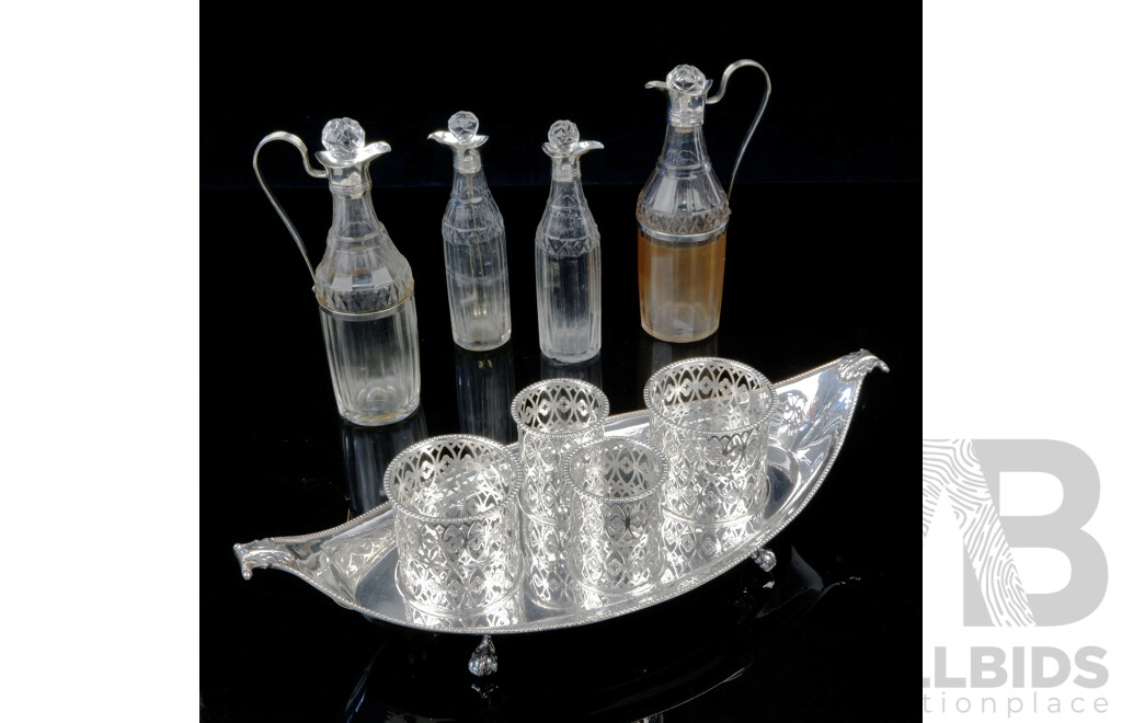Antique English Old Sheffield Plate Silver Plate Boat Form Cruet Set with Original Crystal Bottles, Stoppers and Sterling Silver Mounts, Circa 1800