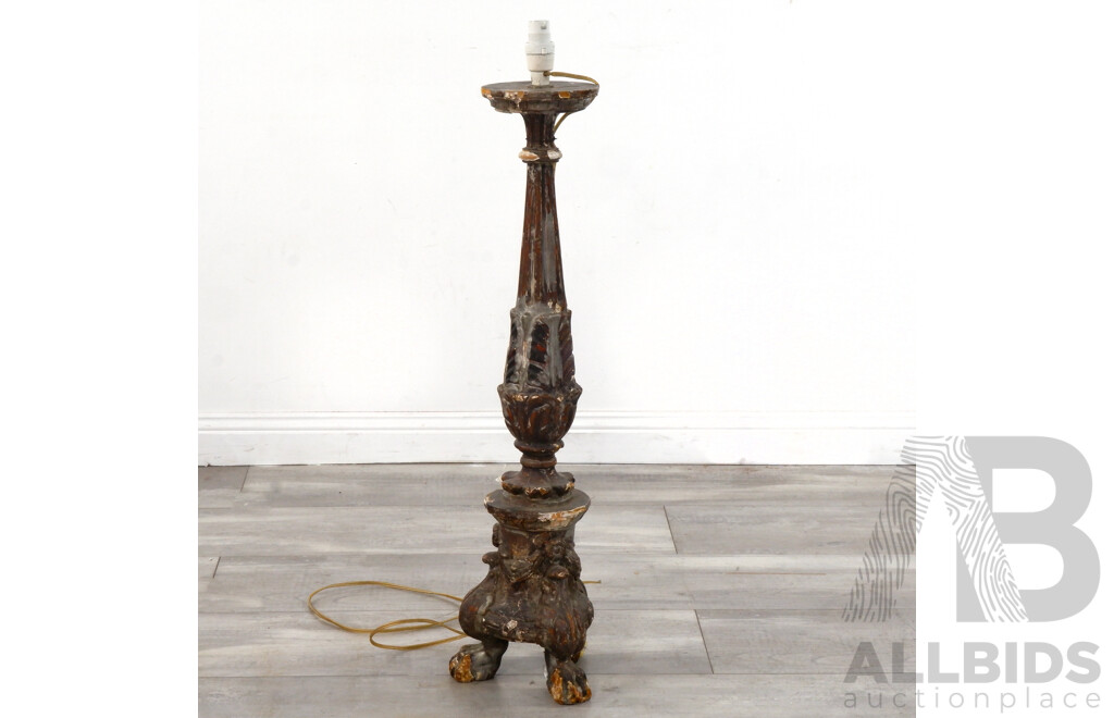 Antique Italian Torchierre Form Plaster Over Wood Candle Holder Converted to Light, Circa Late 18th Century