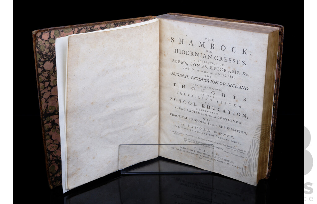 Rare Antique First Edition, Whytes Poems, the Shamrock or Hibernian Cresses Etc, Samuel Whyte, R Marchbank, Dublin, 1772, Full Leather Binding with Tooled Detail