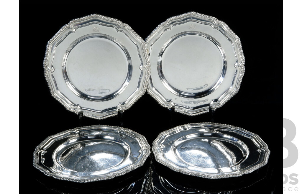 Set Four Antique English Sheffield Plate Silver Plate Large Mains Plates with Piscatorial Armorial, Six Lobed Form with Gadrooned Rim