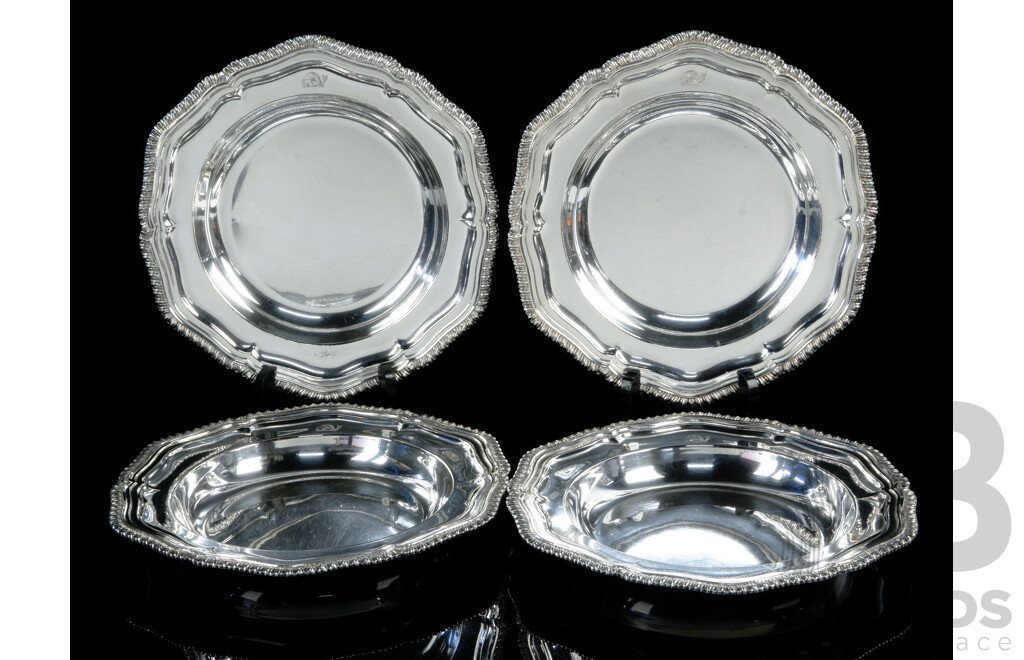 Set Four Antique English Sheffield Plate Silver Plate Soup Bowls with Piscatorial Armorial, Six Lobed Form with Gadrooned Rim