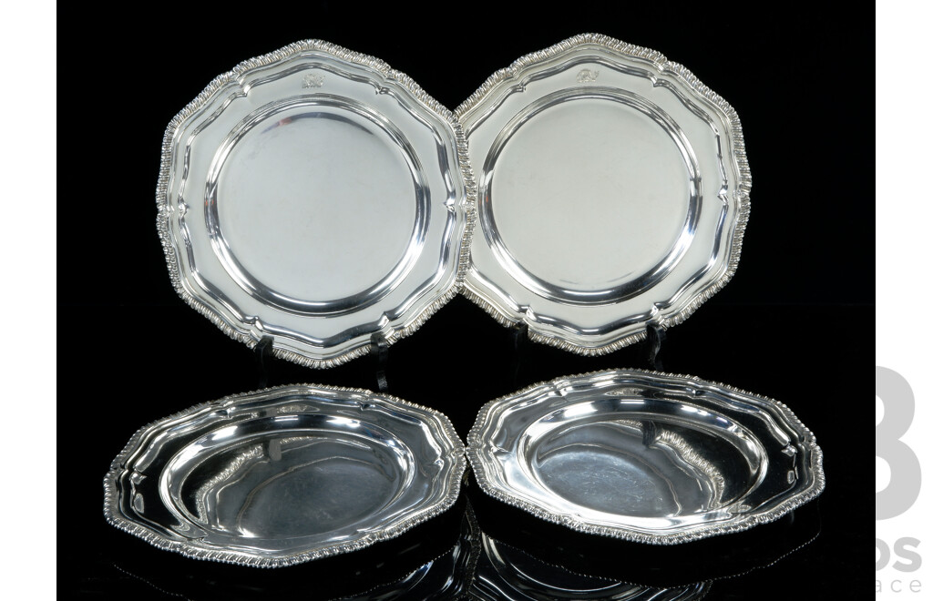 Set Four Antique English Sheffield Plate Silver Plate Large Entree Plates with Piscatorial Armorial, Six Lobed Form with Gadrooned Rim