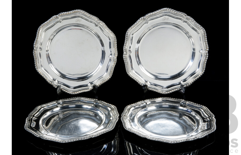 Set Four Antique English Sheffield Plate Silver Plate Large Entree Plates with Piscatorial Armorial, Six Lobed Form with Gadrooned Rim