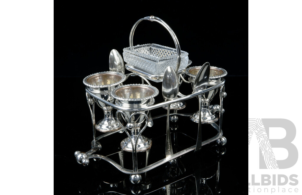 Antique English Regency Old Sheffield Plate Silver Plate Egg Cruet Set Circa 1800 with Four Sterling Silver Teaspoons and Original Crystal Insert