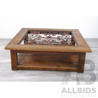 Large Solid Timber Coffee Table with Iron Scroll and Floral Center Piece