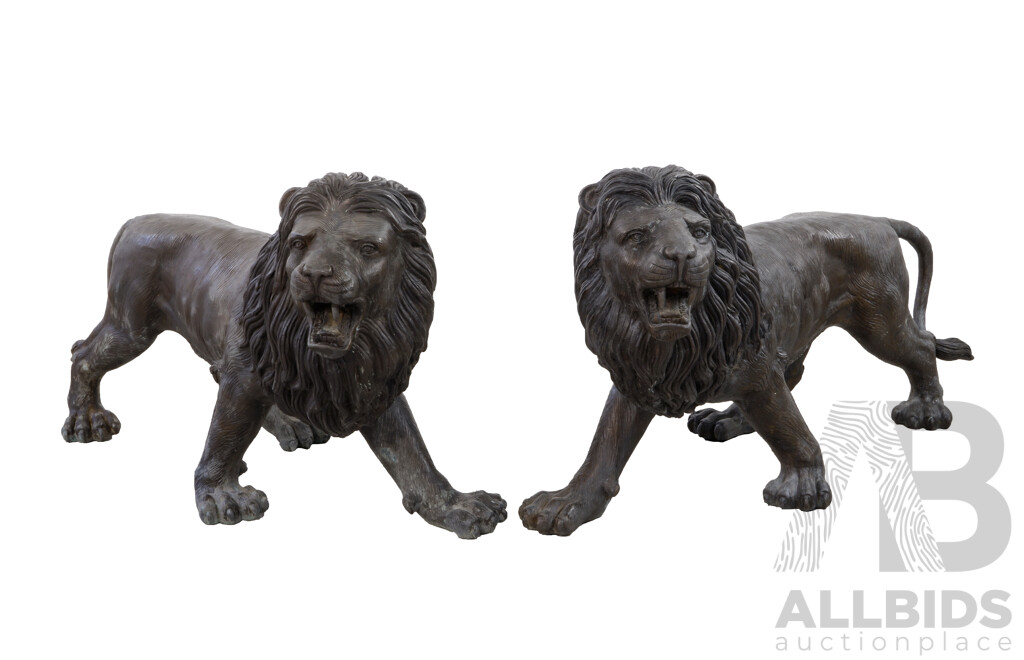 Impressive Large Pair Hollow Cast Bronze Lion Statues