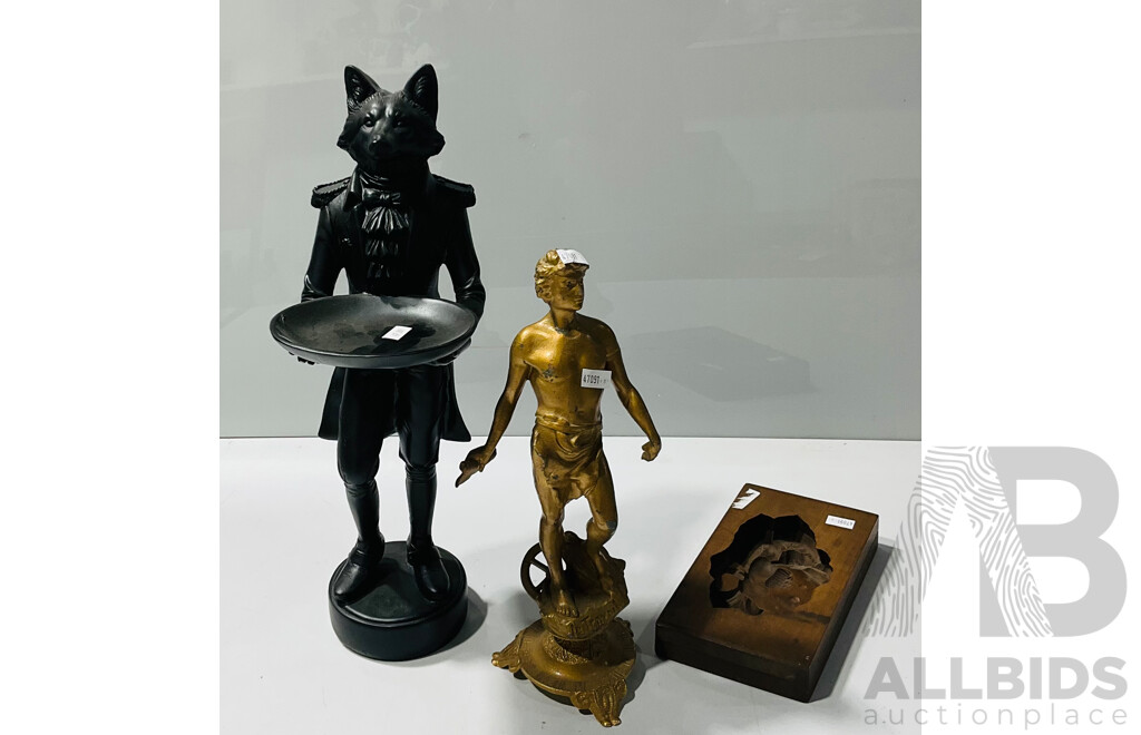 Duo of Unique Statues Including a Wolf Butler and a Wooden Butter Press