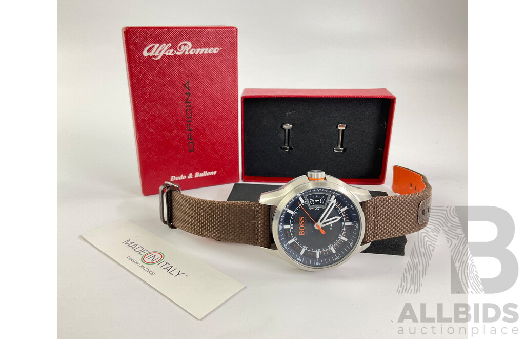 Hugo Boss Mens Watch HB300.1.14.2972 & Officina Alfa Romeo Cufflinks in Original Presentation Box