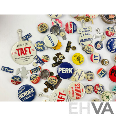 Collection of Vintage USA Campaign Badges and Pins Including Bob Taft Junior, Dewey/Bricker, George Bender, Bill Clinton Inauguration and More