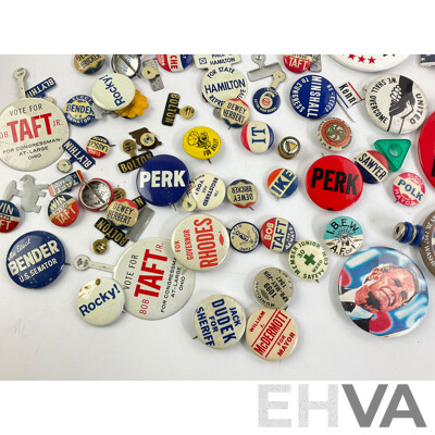 Collection of Vintage USA Campaign Badges and Pins Including Bob Taft Junior, Dewey/Bricker, George Bender, Bill Clinton Inauguration and More