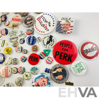 Collection of Vintage USA Campaign Badges and Pins Including Bob Taft Junior, Dewey/Bricker, George Bender, Bill Clinton Inauguration and More