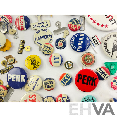 Collection of Vintage USA Campaign Badges and Pins Including Bob Taft Junior, Dewey/Bricker, George Bender, Bill Clinton Inauguration and More