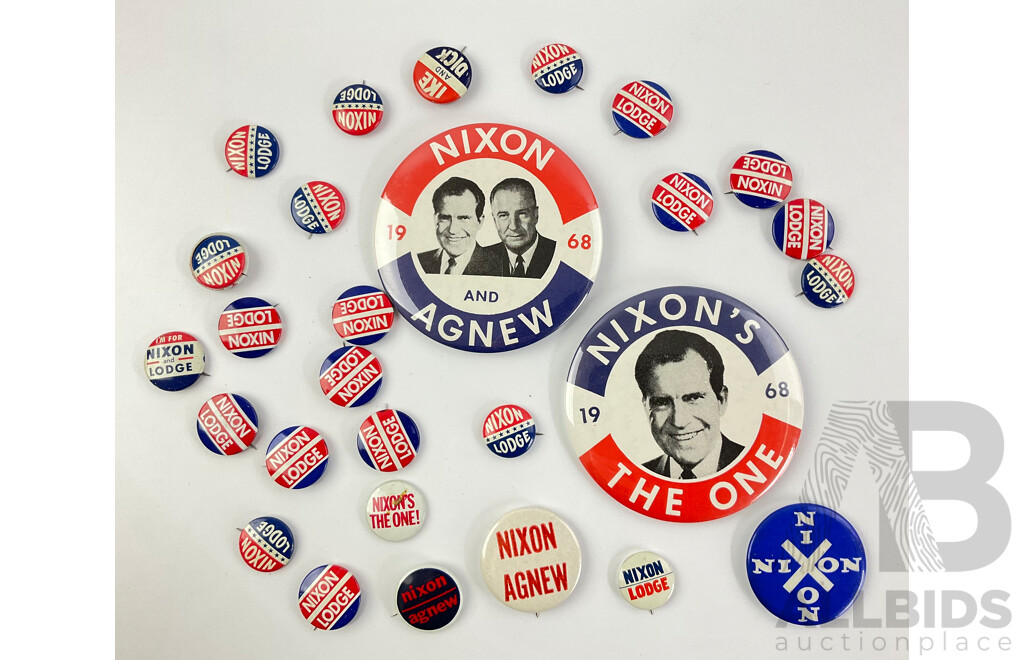 Collection of Richard Nixion Campaign Badges and Pins Including Ike and Dick, Nixion/Lodge, 1968 Nixon's the One, Nixion and Agnew Brands Include Green Duck Co, Fargo Rubber Stamp Co, Adcraft, Union Label