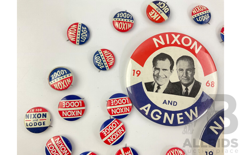 Collection of Richard Nixion Campaign Badges and Pins Including Ike and Dick, Nixion/Lodge, 1968 Nixon's the One, Nixion and Agnew Brands Include Green Duck Co, Fargo Rubber Stamp Co, Adcraft, Union Label