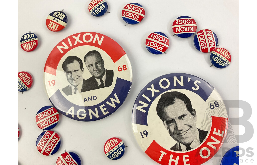 Collection of Richard Nixion Campaign Badges and Pins Including Ike and Dick, Nixion/Lodge, 1968 Nixon's the One, Nixion and Agnew Brands Include Green Duck Co, Fargo Rubber Stamp Co, Adcraft, Union Label