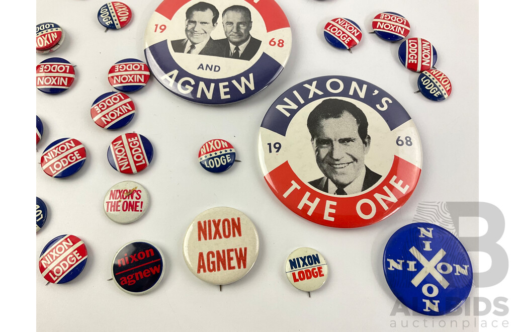 Collection of Richard Nixion Campaign Badges and Pins Including Ike and Dick, Nixion/Lodge, 1968 Nixon's the One, Nixion and Agnew Brands Include Green Duck Co, Fargo Rubber Stamp Co, Adcraft, Union Label