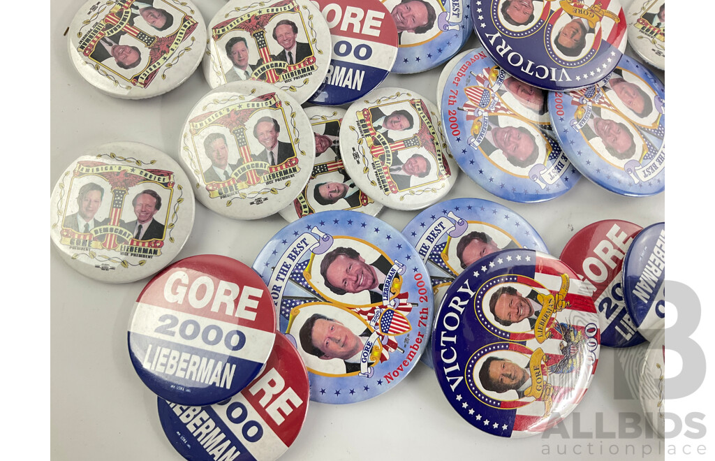 Collection of AL Gore/Joe Lieberman 2000 Campaign Badges, Market Vision Political Shop