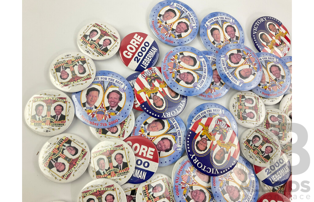 Collection of AL Gore/Joe Lieberman 2000 Campaign Badges, Market Vision Political Shop