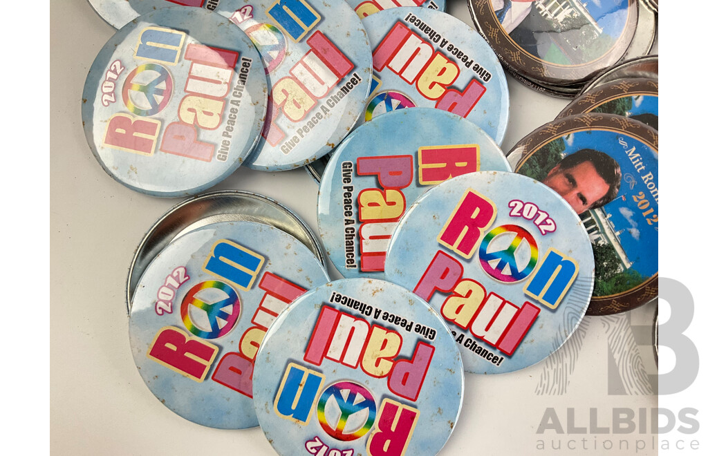 Collection of 2012 Campaign Badges Including Ron Paul, Mitt Romney, Newt Gingrich, Political Shop