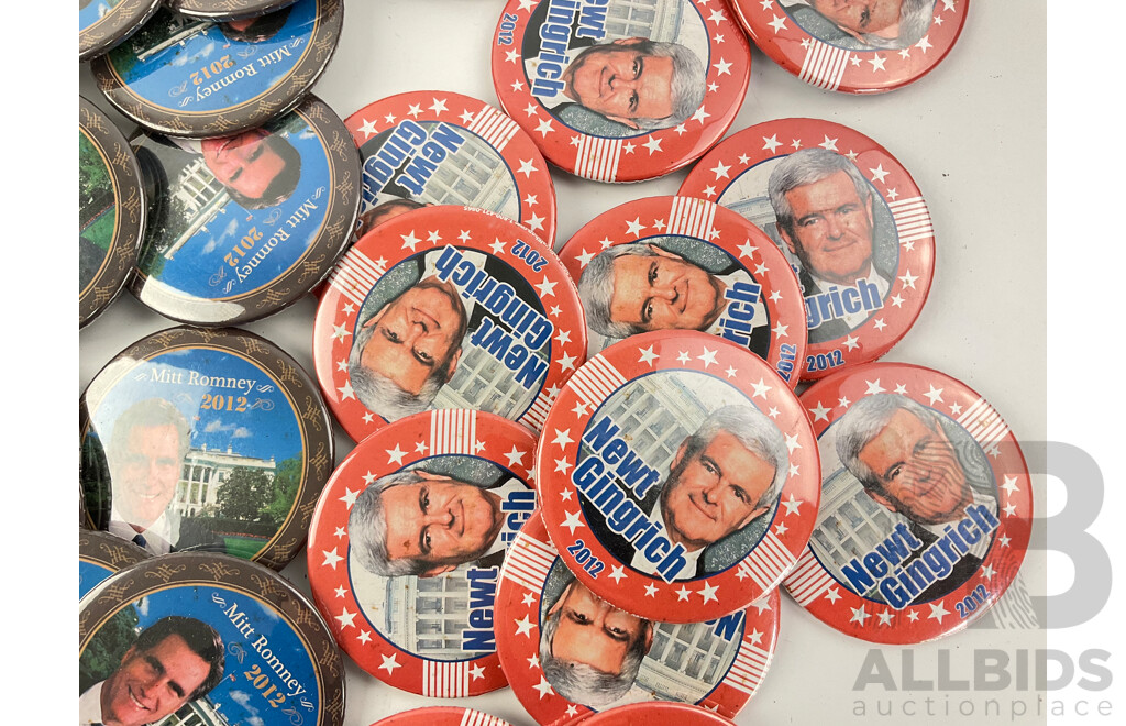 Collection of 2012 Campaign Badges Including Ron Paul, Mitt Romney, Newt Gingrich, Political Shop