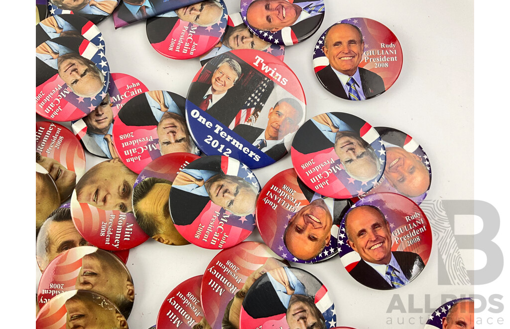 Collection of 2008 Campaign Badges and Fridge Magnets Including Barack Obama, Mitt Romney, John McCain, Rudy Giuliani, Sarah Palin, Fred Thompson