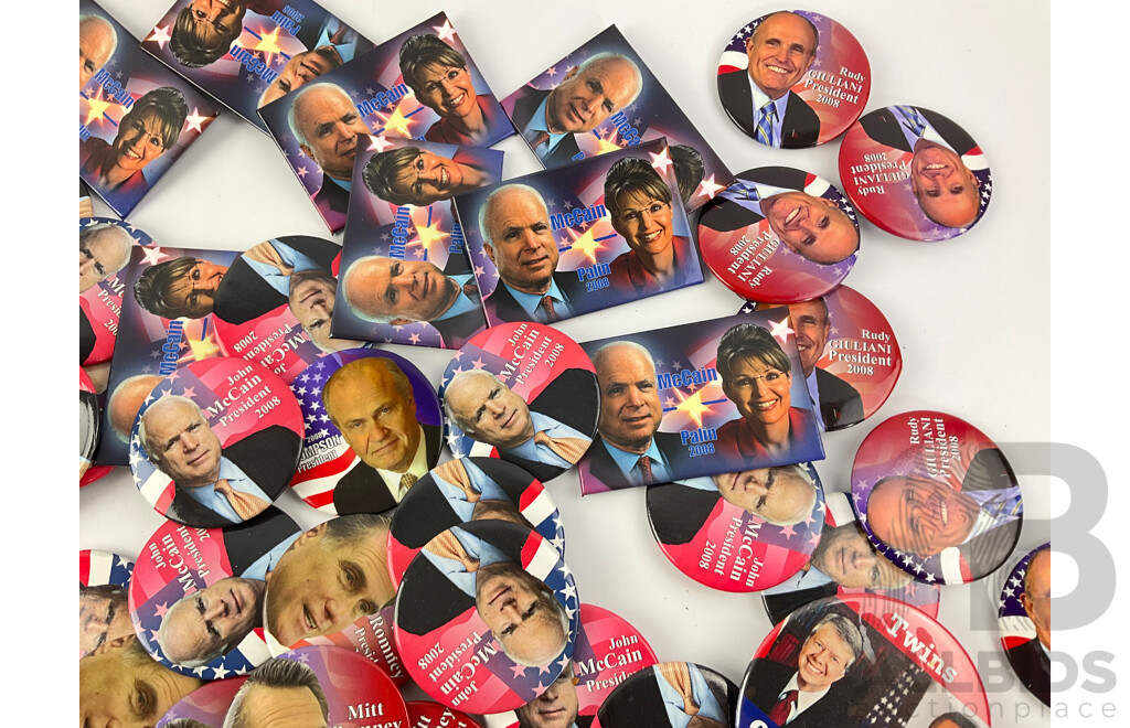 Collection of 2008 Campaign Badges and Fridge Magnets Including Barack Obama, Mitt Romney, John McCain, Rudy Giuliani, Sarah Palin, Fred Thompson