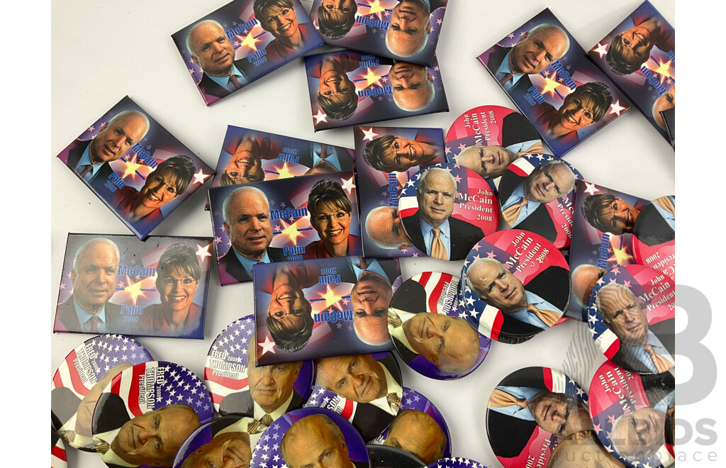 Collection of 2008 Campaign Badges and Fridge Magnets Including Barack Obama, Mitt Romney, John McCain, Rudy Giuliani, Sarah Palin, Fred Thompson