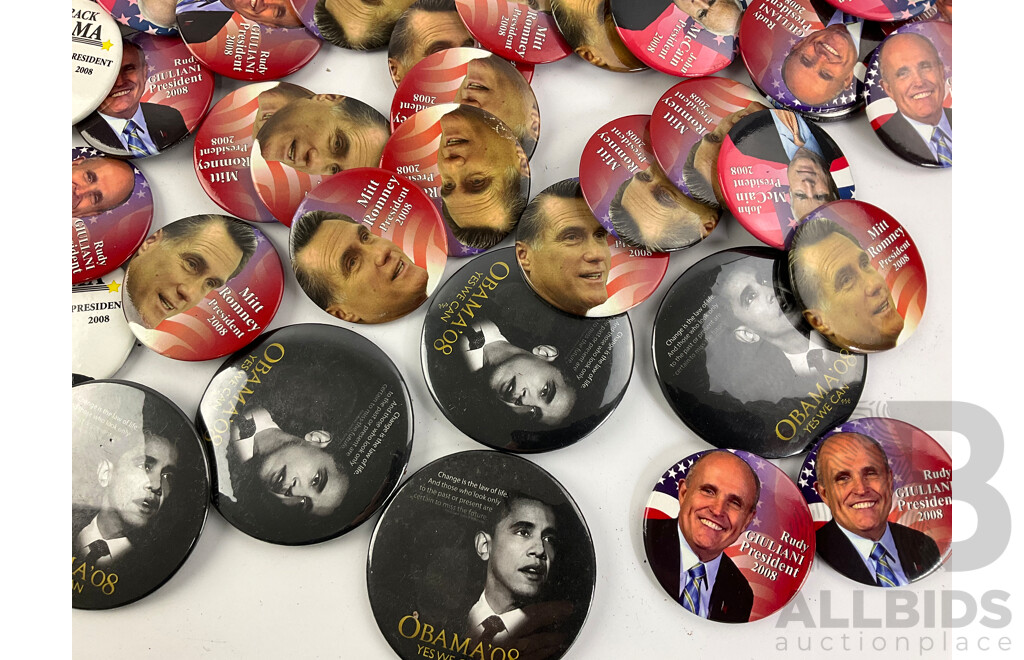 Collection of 2008 Campaign Badges and Fridge Magnets Including Barack Obama, Mitt Romney, John McCain, Rudy Giuliani, Sarah Palin, Fred Thompson